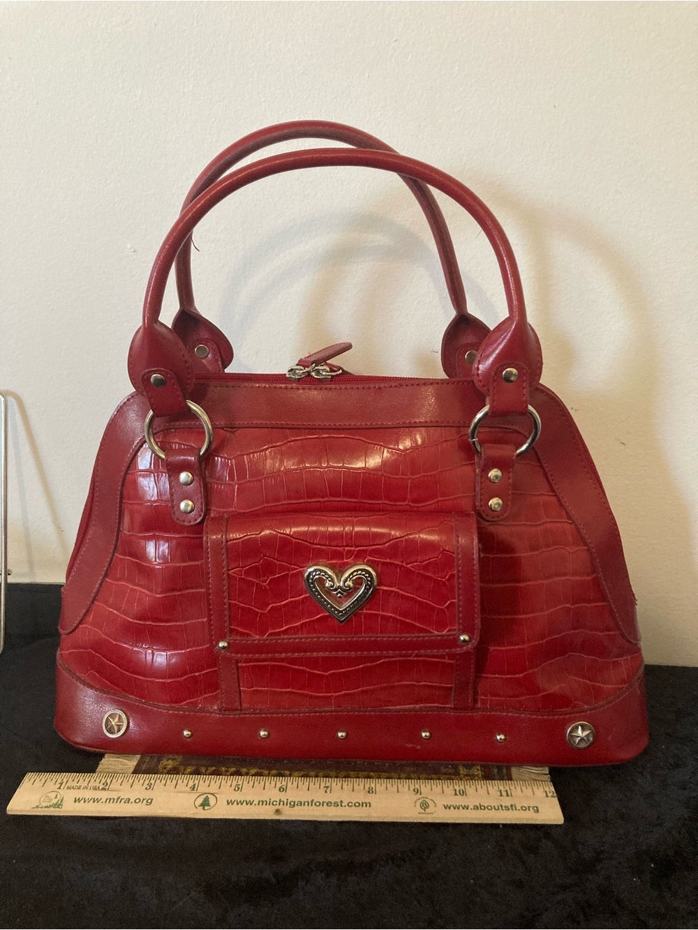 Croc-Embossed Red Hand Bag Satchel with Heart Accent